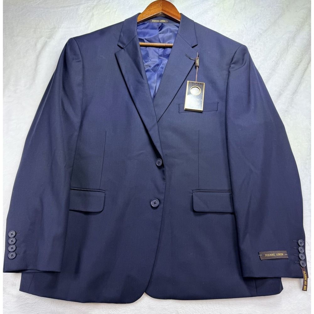NWT Pierre Loren Men's Navy Blue Suit Jacket Blazer Superior 150s Classic 46S